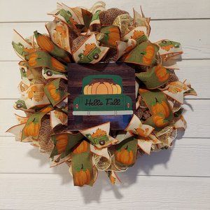 Hello Fall Vintage Green Truck Deco Mesh Wreath